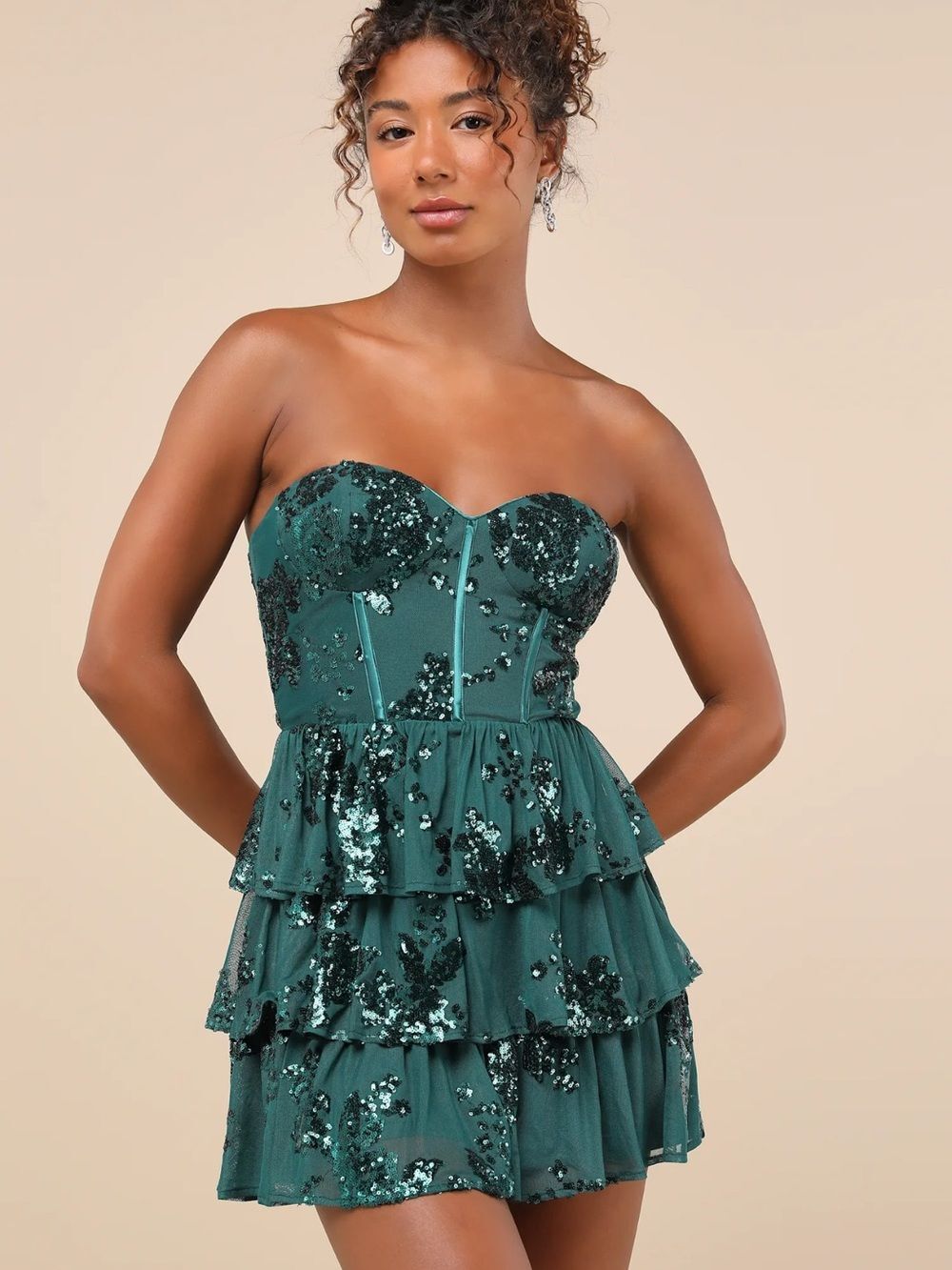 Lulus Definite Glamour Emerald Sequin Bustier Tiered Mini Dress NWT Size M